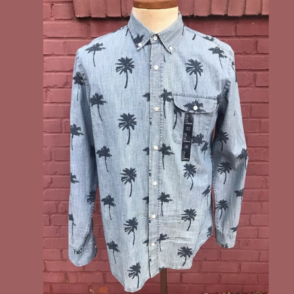 Gap Palm Tree Button Down Chambray Denim Hawaiian